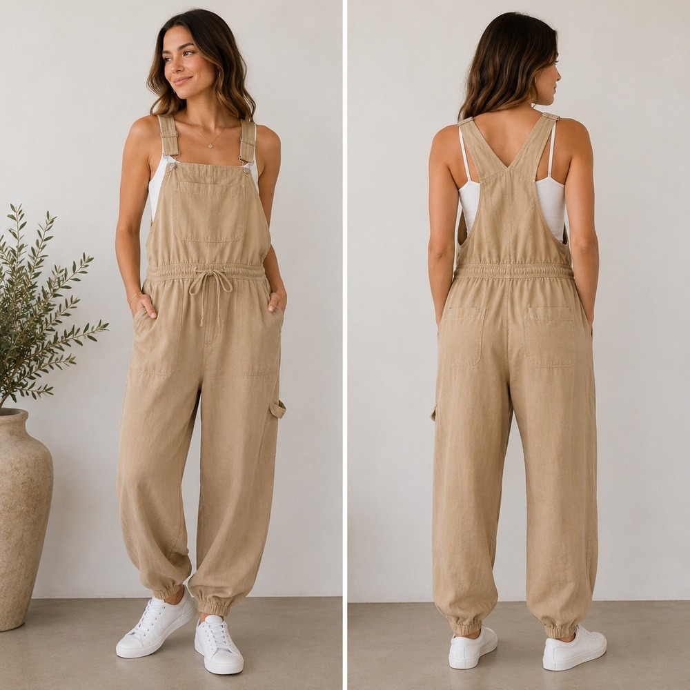 Vanilla Star Khaki Linen Blend Jogger Overalls Tan Drawstring Waist XL